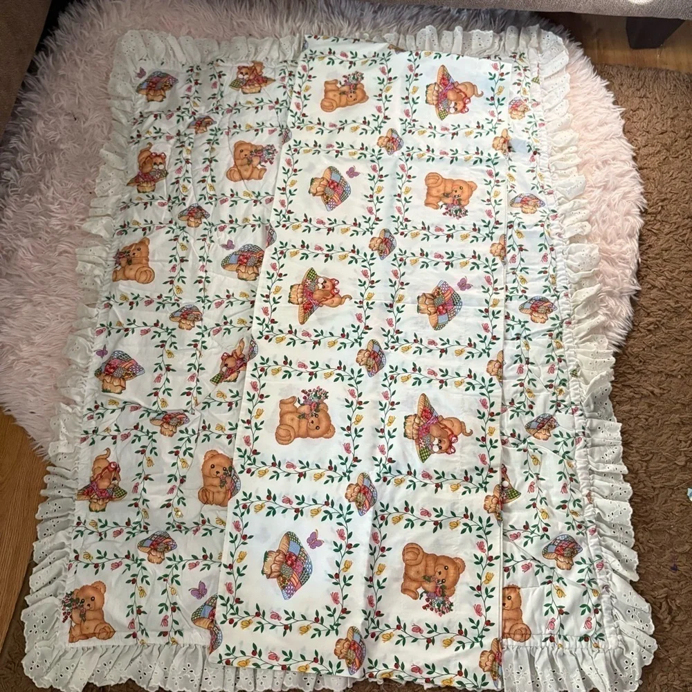 Vintage Hot Air Balloon Comforter Set Nursery Blanket Mushroom Teddy Bear Dog